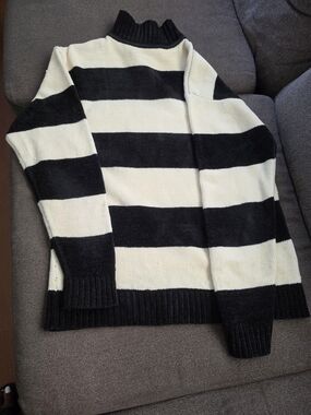 Vintage 90s DELF Black Cream Striped Turtleneck Sweater L Y2K